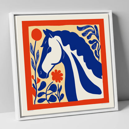 Cobalt Botanical Equine horse portrait canvas wall art in white frame