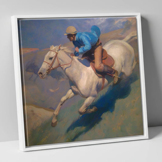 Cerulean Gallop racing horse canvas wall art in white frame