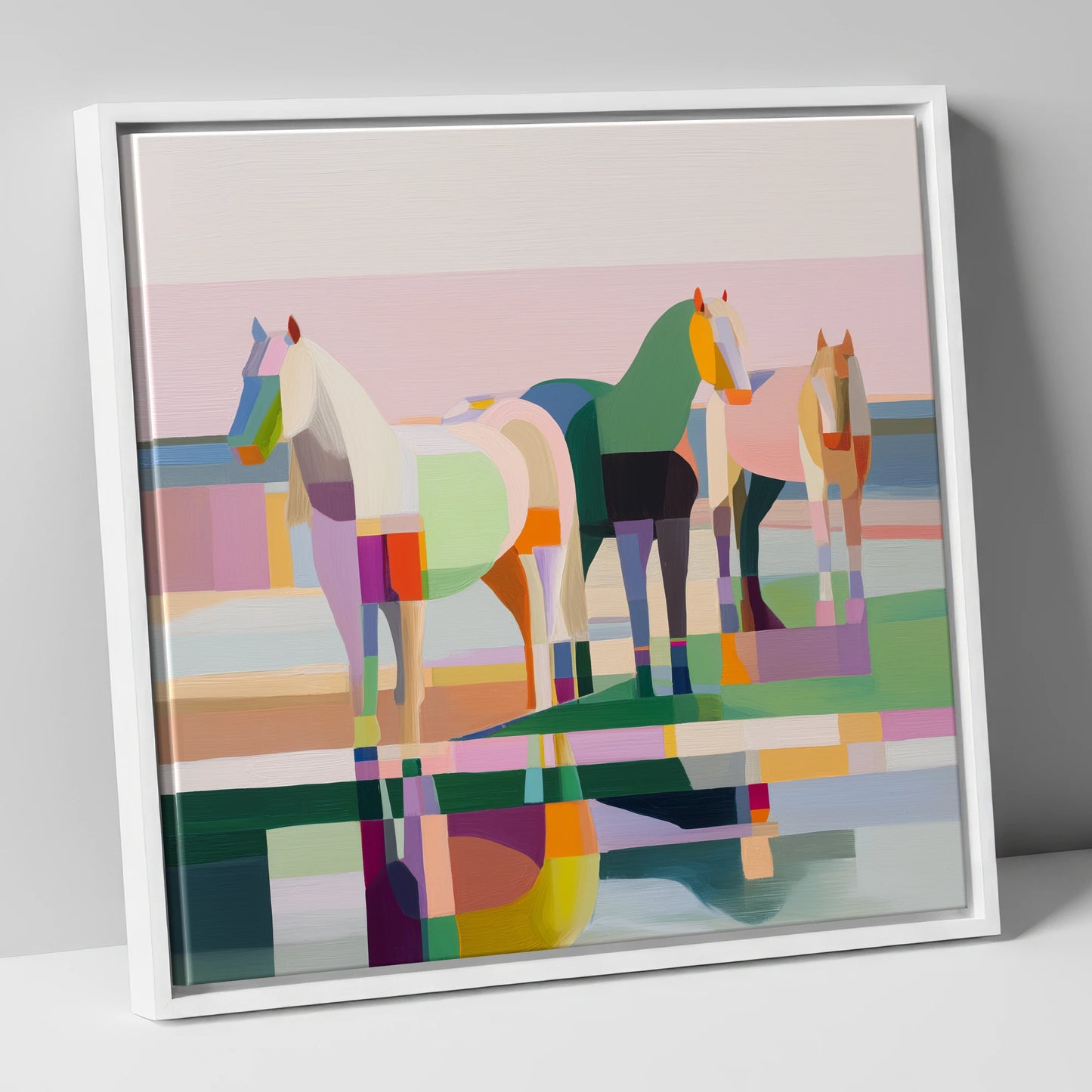 Geometric Equine Horizon horse landscape canvas wall art in white frame