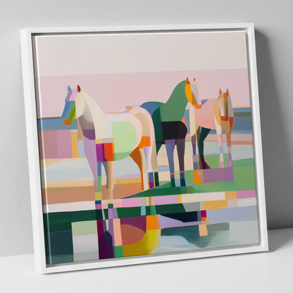 Geometric Equine Horizon horse landscape canvas wall art in white frame