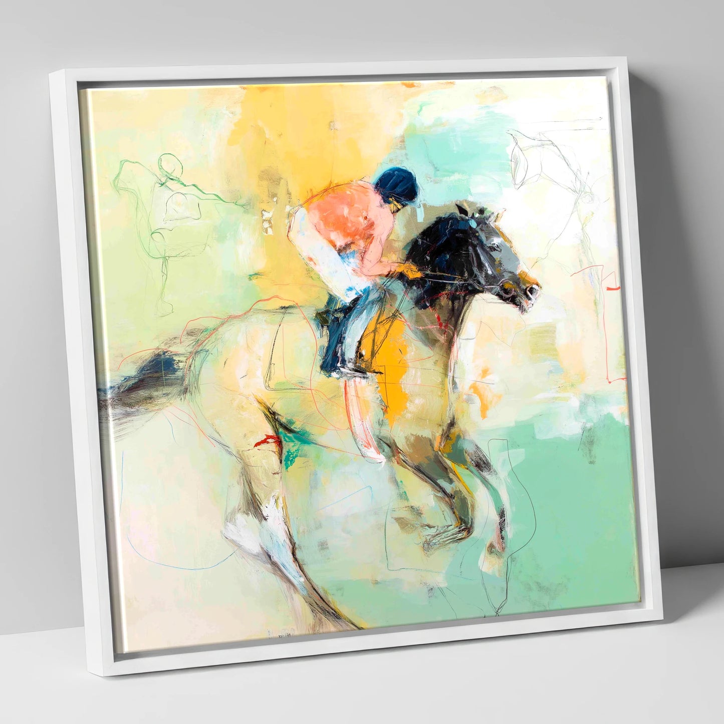 The Driving Finish racing horse canvas wall art in white frame