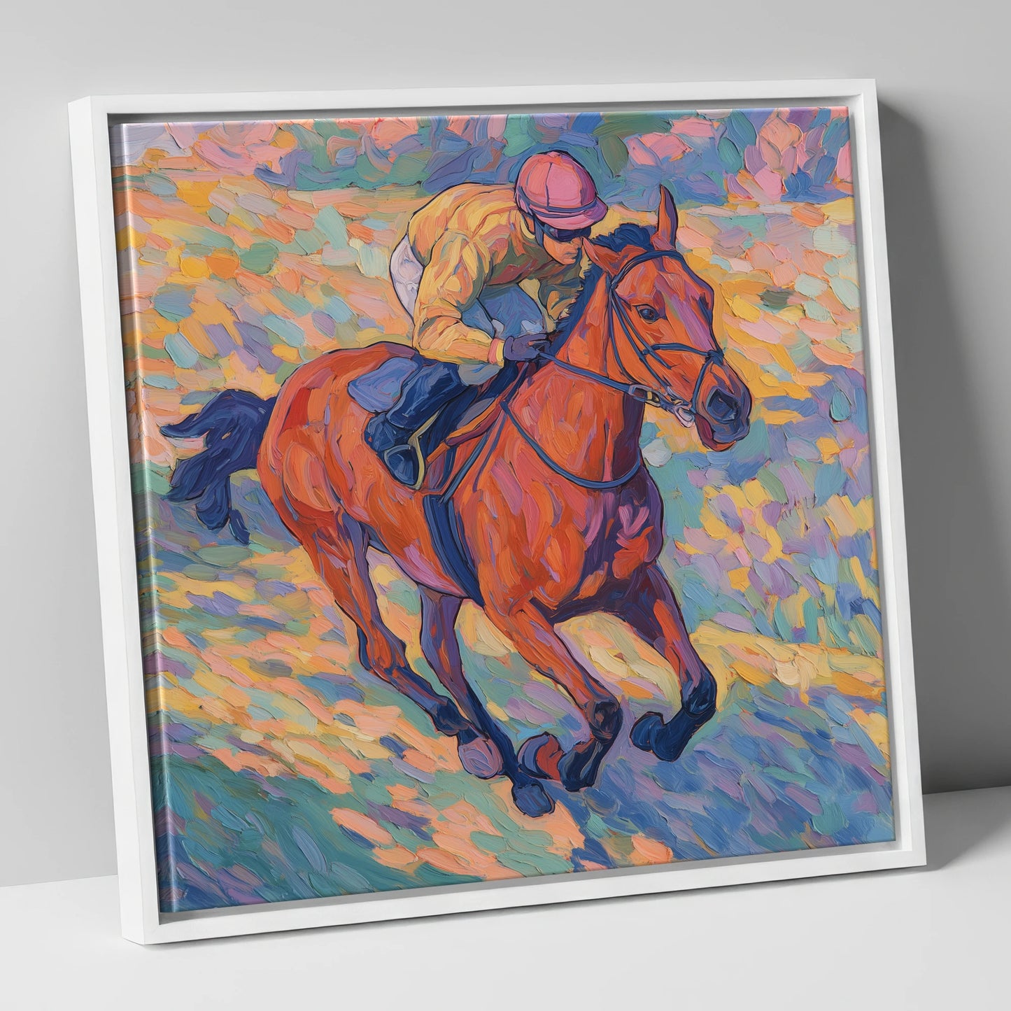 Vibrant Final Furlong racing horse canvas wall art in white frame