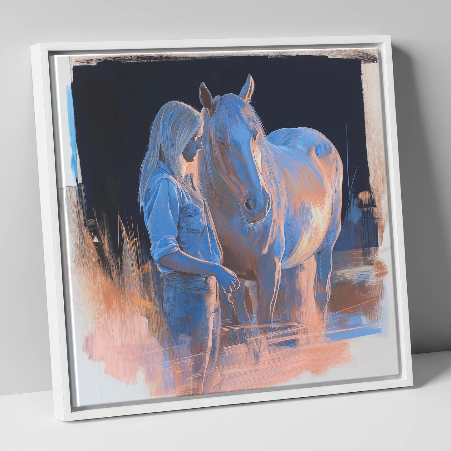 A Quiet Understanding horse & rider canvas wall art in white frame