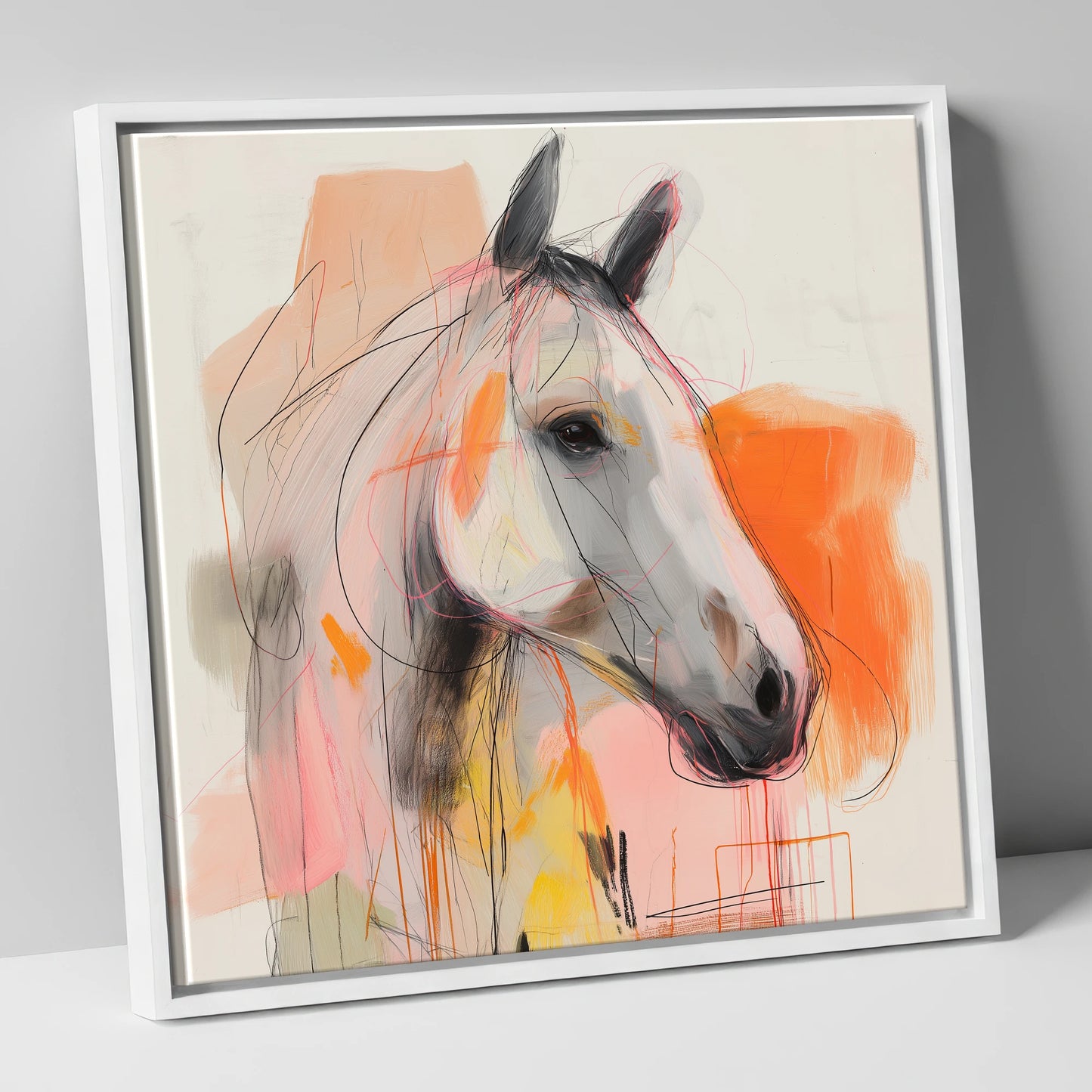Vibrant Grey Spirit horse portrait canvas wall art in white frame
