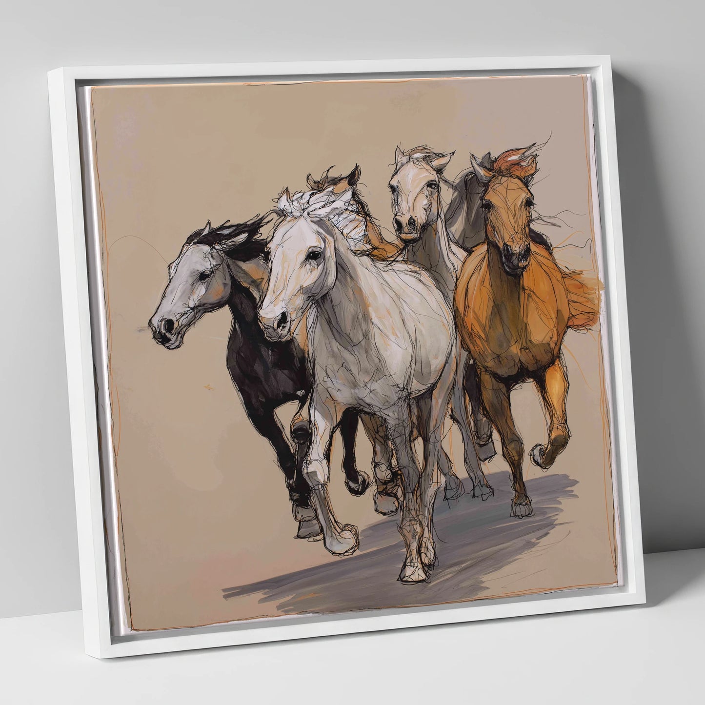 Unbridled Momentum wild horses canvas wall art in white frame