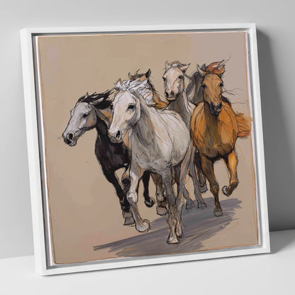 Unbridled Momentum wild horses canvas wall art in white frame