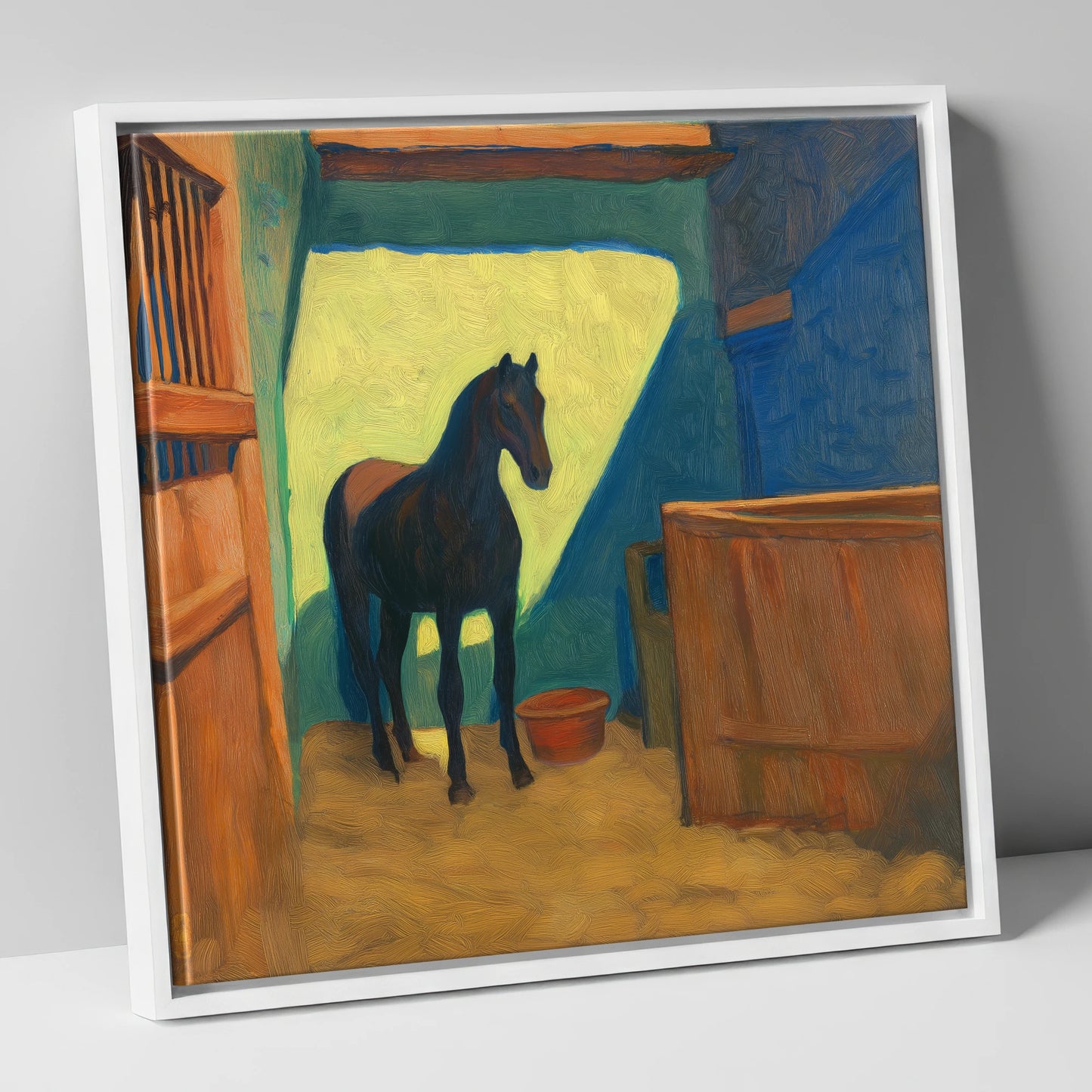The Sunlit Stall horse stable canvas wall art in white frame