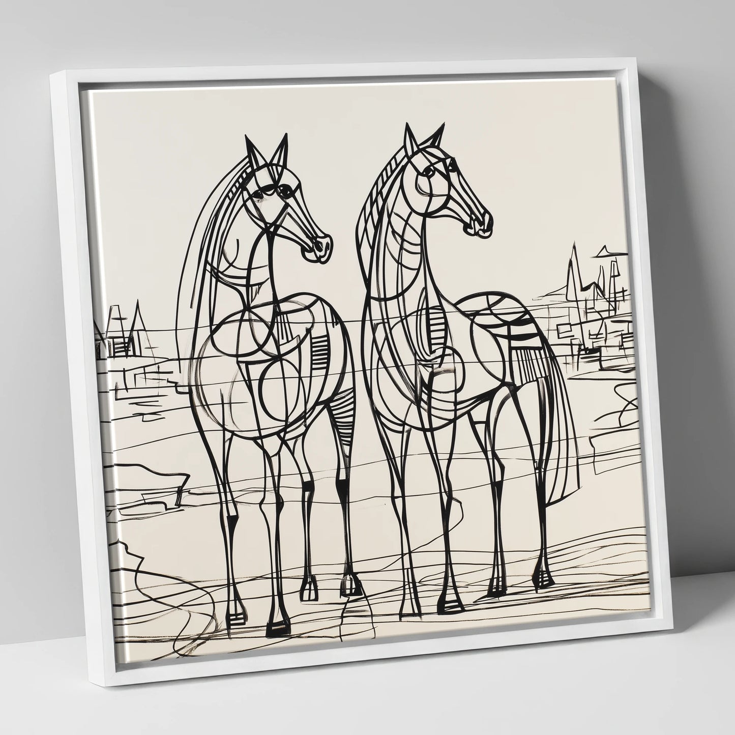 Architectural Equine Duo horse landscape canvas wall art in white frame