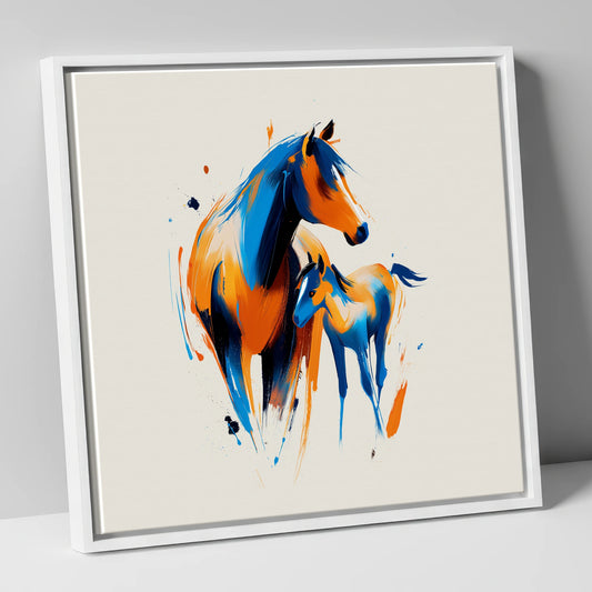 Turquoise and Orange Mare and Foal mare & foal canvas wall art in white frame