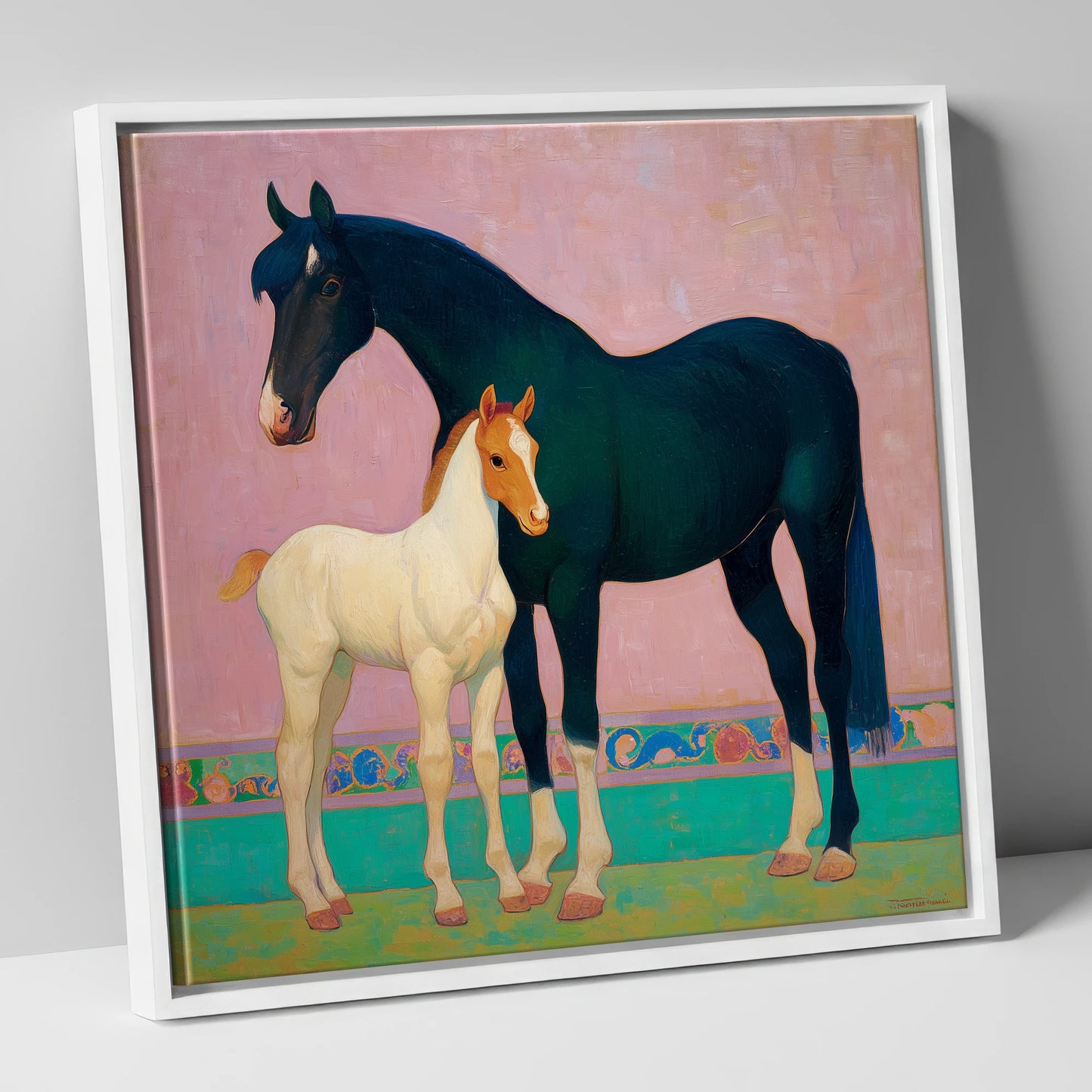 Midnight Mare and Foal mare & foal canvas wall art in white frame