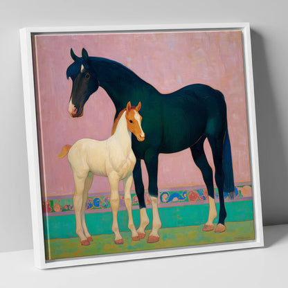 Midnight Mare and Foal mare & foal canvas wall art in white frame