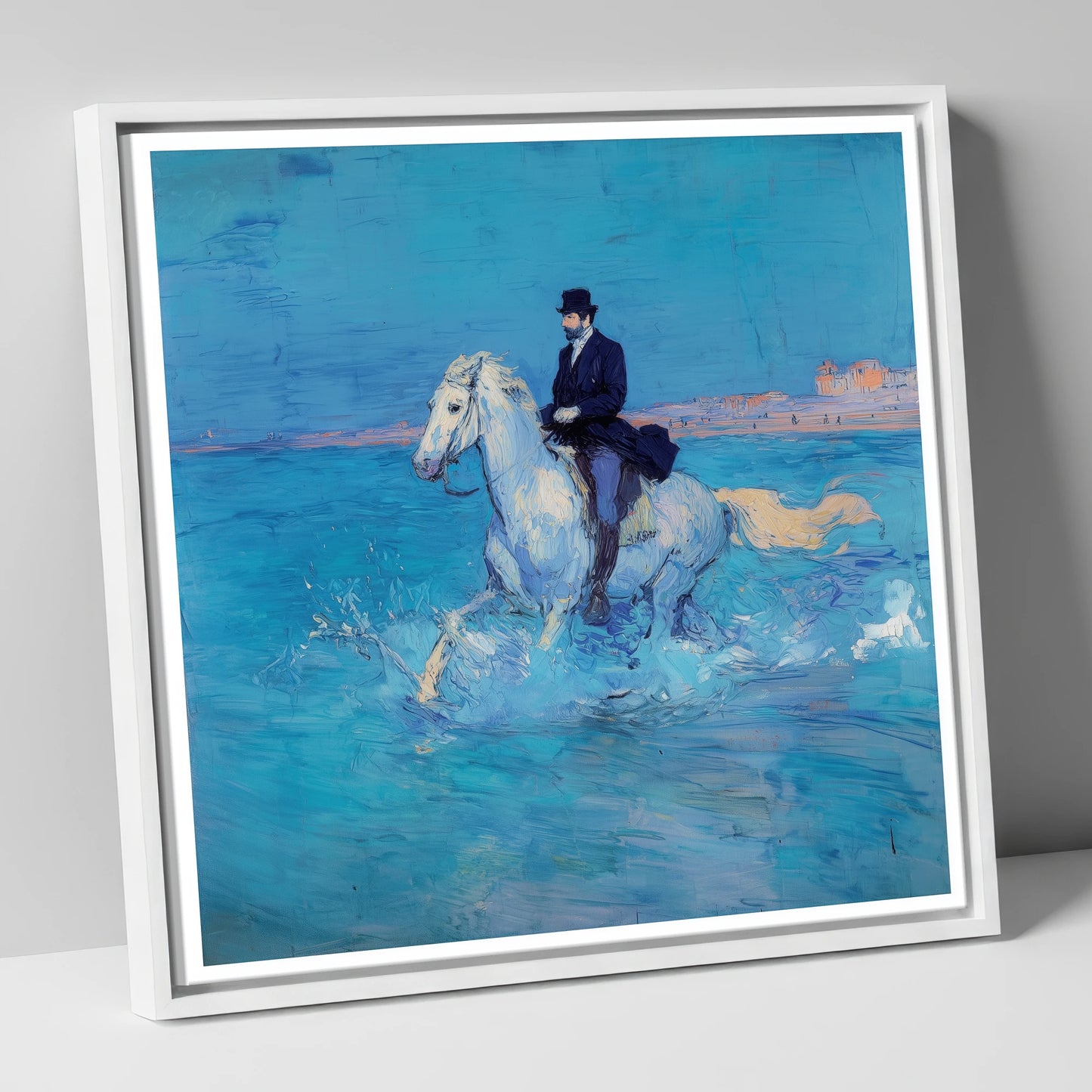 Elegance on the Shore beach horse canvas wall art in white frame