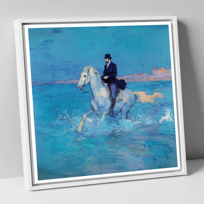 Elegance on the Shore beach horse canvas wall art in white frame