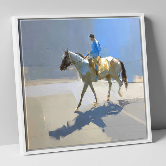 Morning in Blue Silks racing horse canvas wall art in white frame