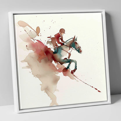 Suspended Momentum show jumping horse canvas wall art in white frame