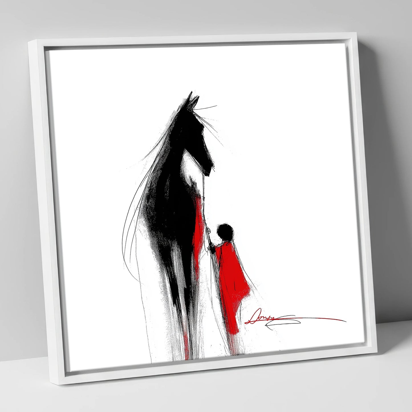 Crimson Connection horse & rider canvas wall art in white frame