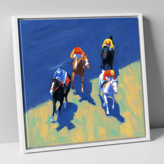 Turf Shadows racing horse canvas wall art in white frame