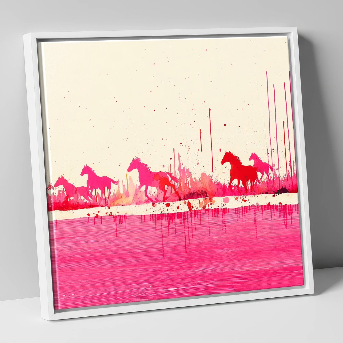 Crimson Gallop wild horses canvas wall art in white frame