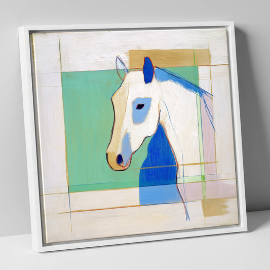 Geometric Azure Equine horse portrait canvas wall art in white frame