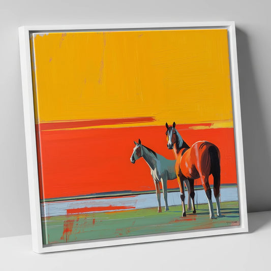 Golden Horizon Companions horse landscape canvas wall art in white frame