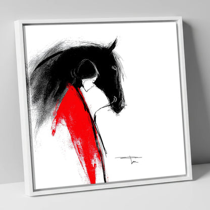 Crimson Connection horse & rider canvas wall art in white frame
