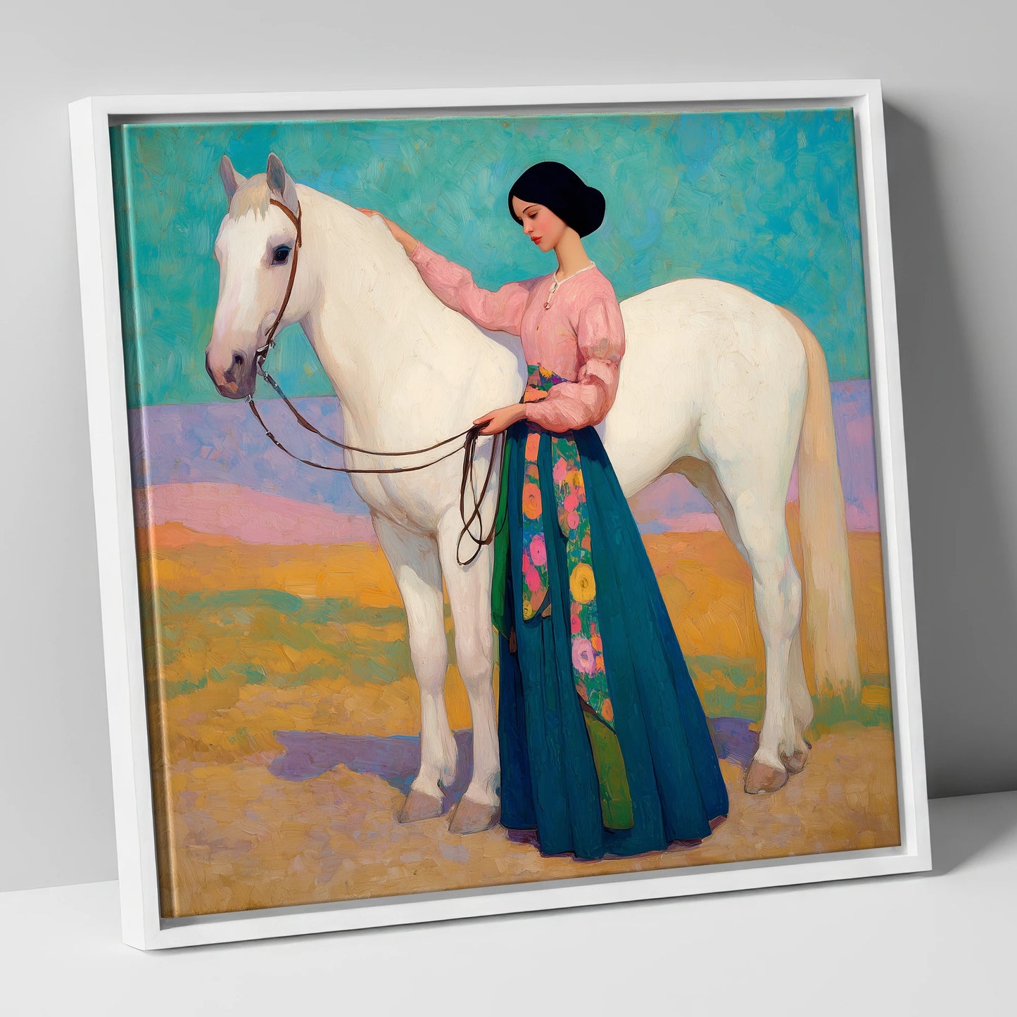 Vibrant Connection horse & rider canvas wall art in white frame