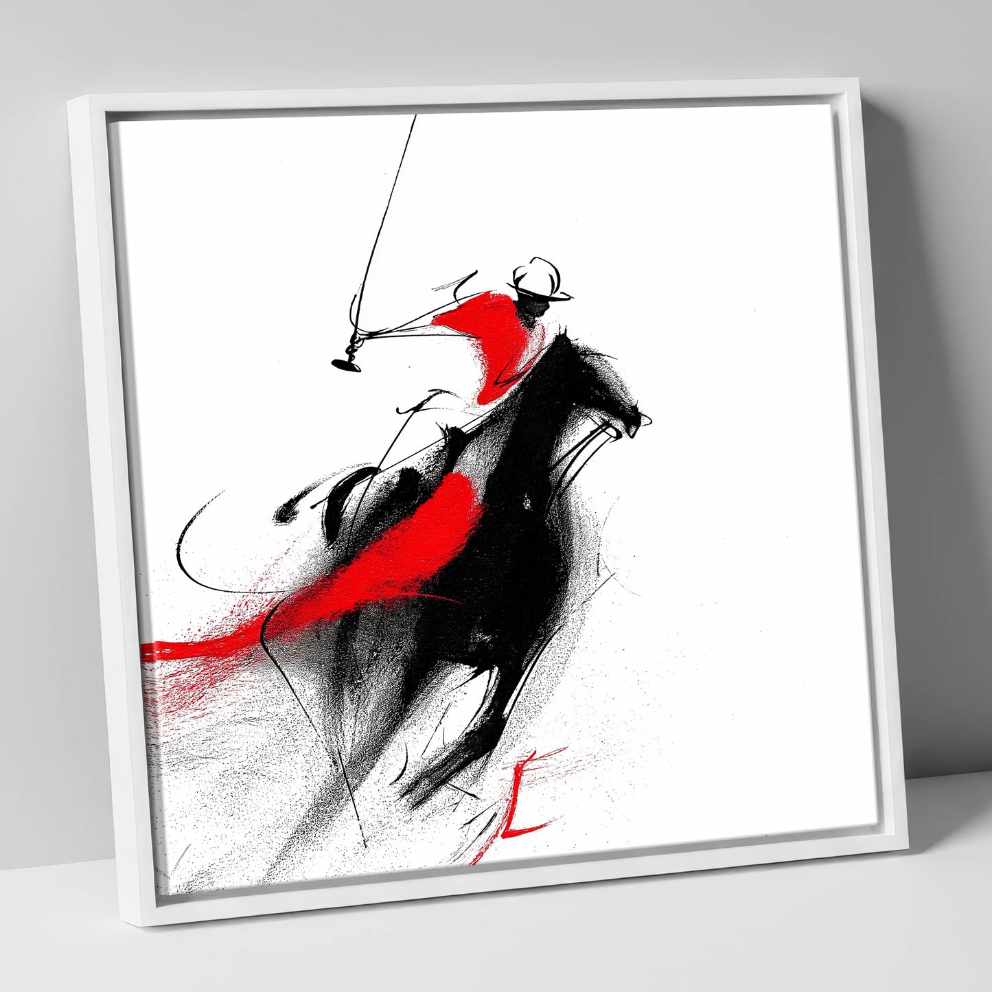 Dynamic Strike polo horse canvas wall art in white frame