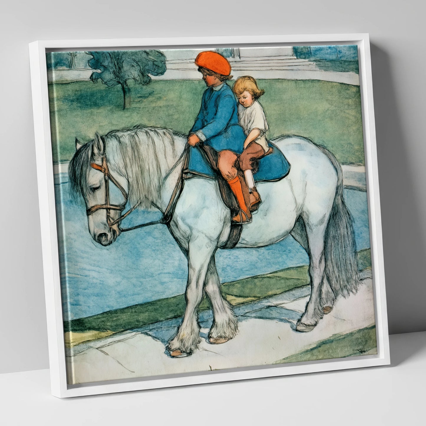 The Shared Ride horse & rider canvas wall art in white frame