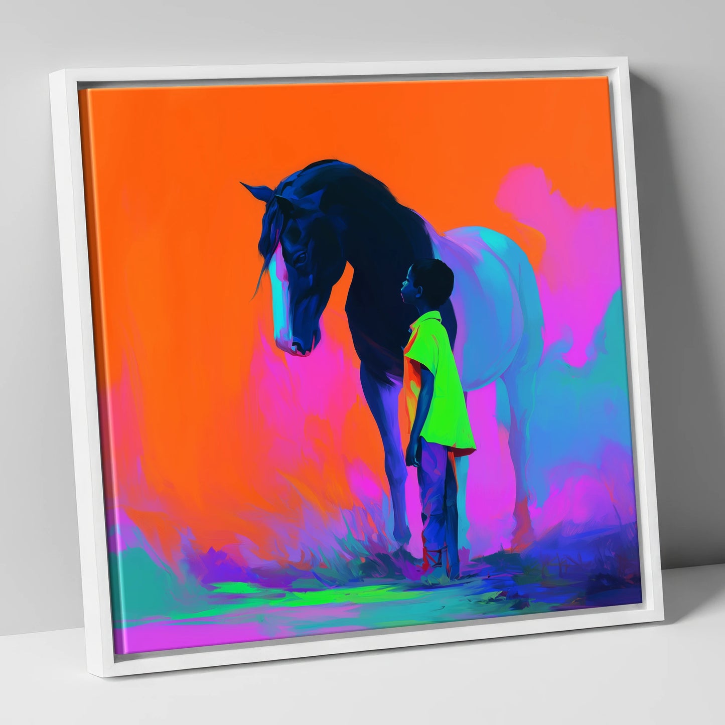 Electric Bond horse & rider canvas wall art in white frame