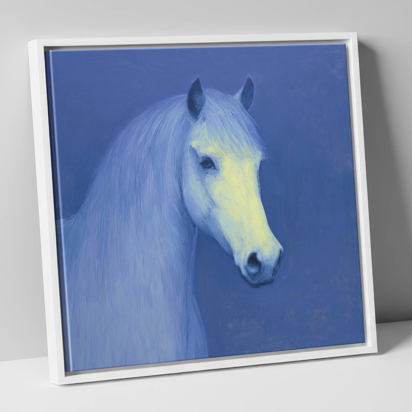 Luminous Blue Portrait horse portrait canvas wall art in white frame