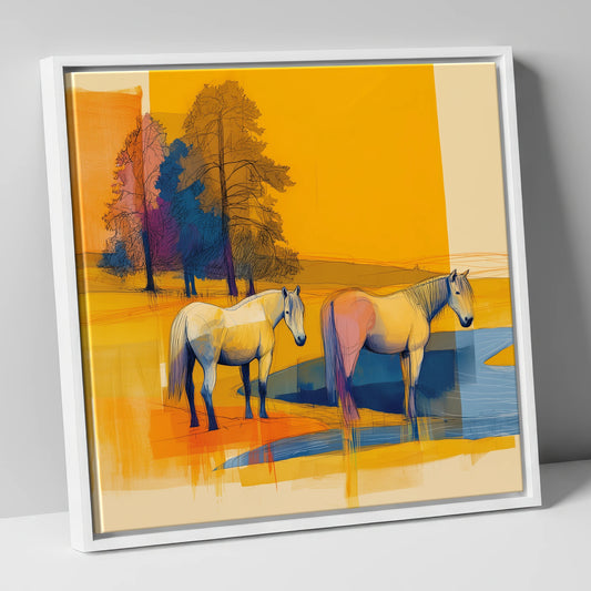 Abstract Golden Pasture horse landscape canvas wall art in white frame