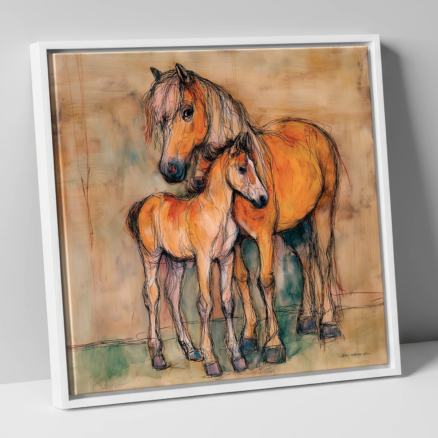 Tender Earth Bond mare & foal canvas wall art in white frame