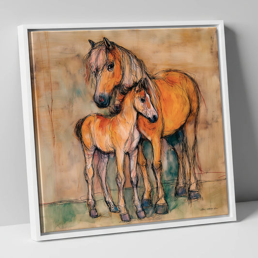 Tender Earth Bond mare & foal canvas wall art in white frame