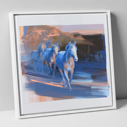 Cobalt Dawn Herd wild horses canvas wall art in white frame