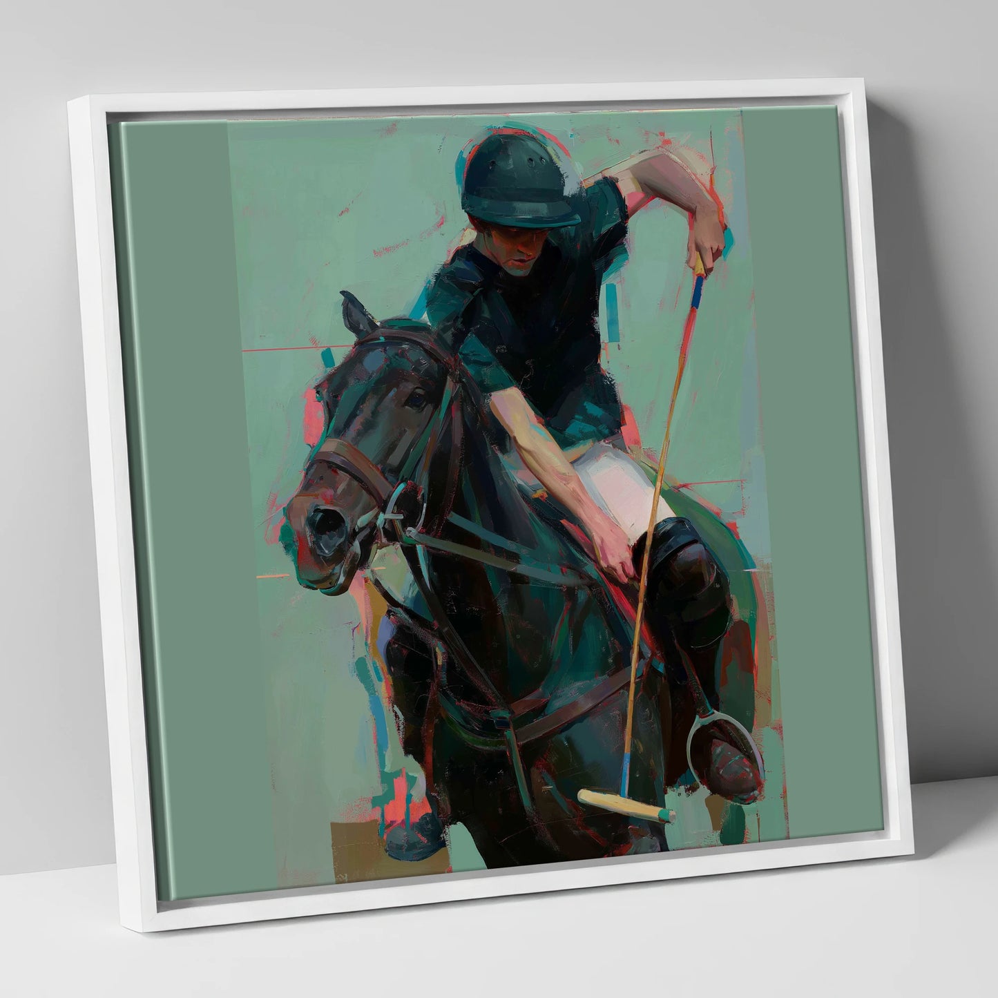 The Decisive Swing polo horse canvas wall art in white frame