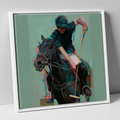 The Decisive Swing polo horse canvas wall art in white frame