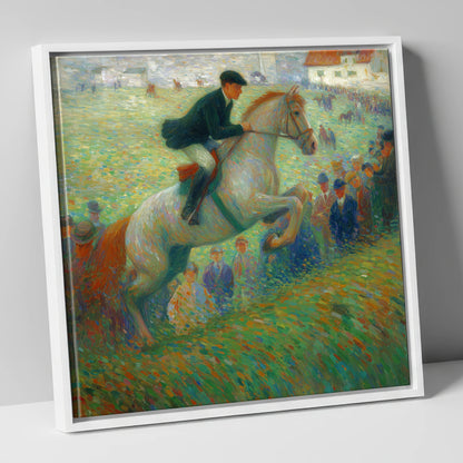 Luminous Grey in Flight show jumping horse canvas wall art in white frame