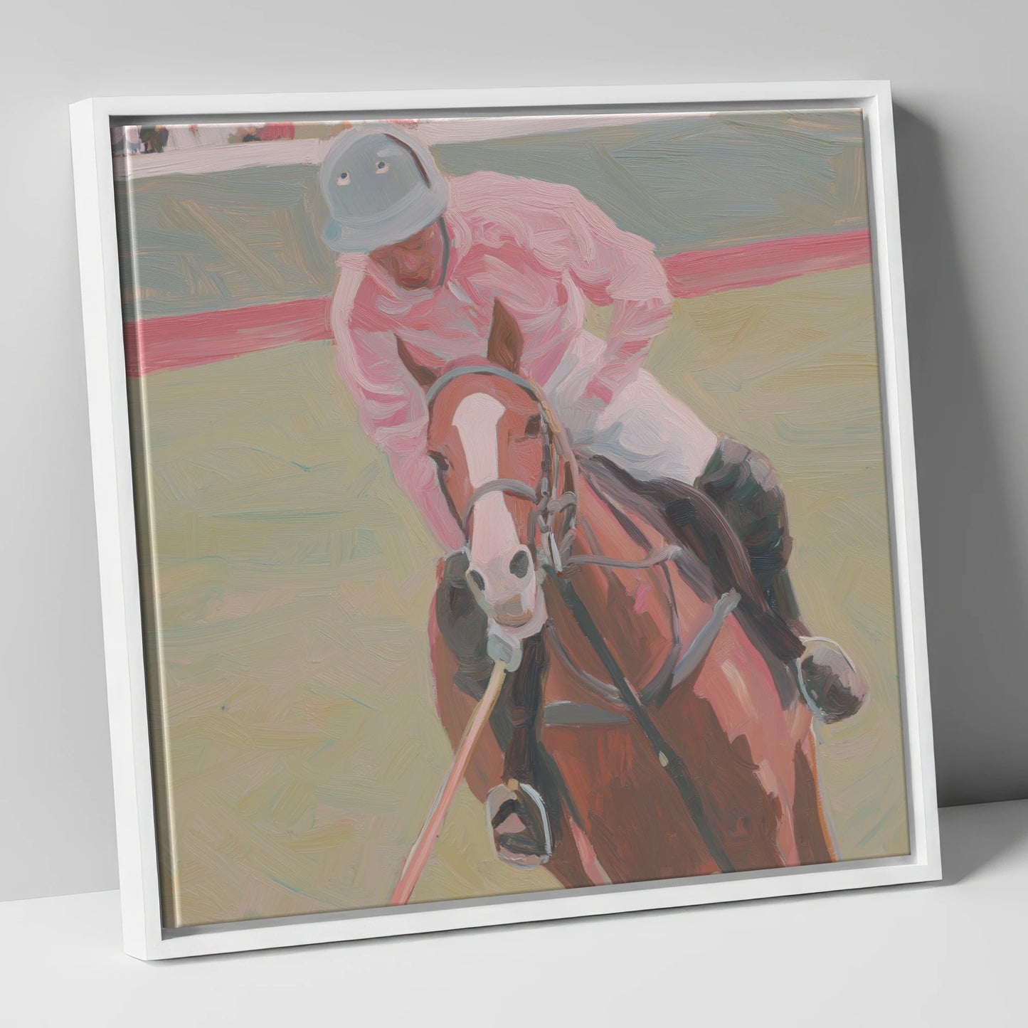 Dusty Pink Pursuit polo horse canvas wall art in white frame