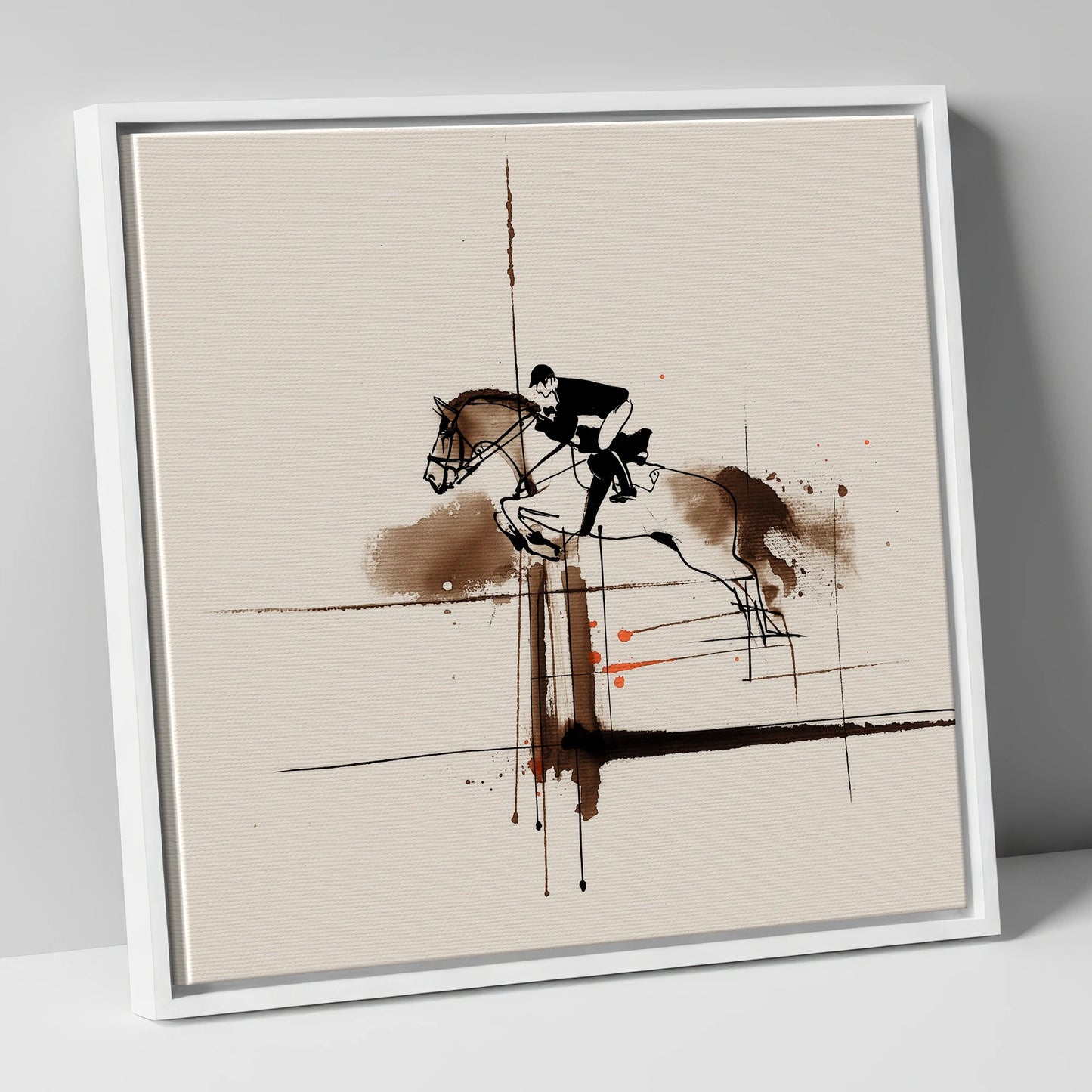 Clearing the Vertical show jumping horse canvas wall art in white frame