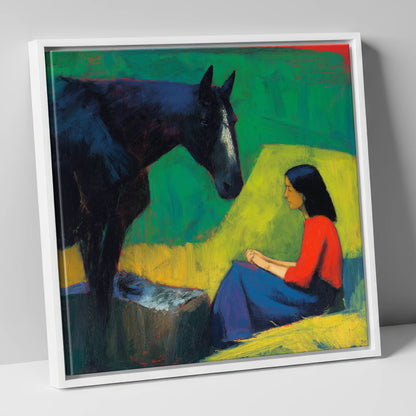Quiet Communion horse & rider canvas wall art in white frame