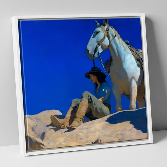 Beneath Azure Skies horse & rider canvas wall art in white frame