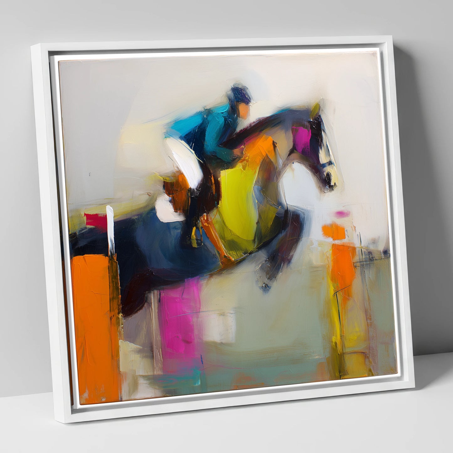 Dynamic Clear Round show jumping horse canvas wall art in white frame