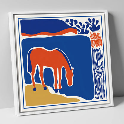 Abstract Azure Grazer horse landscape canvas wall art in white frame