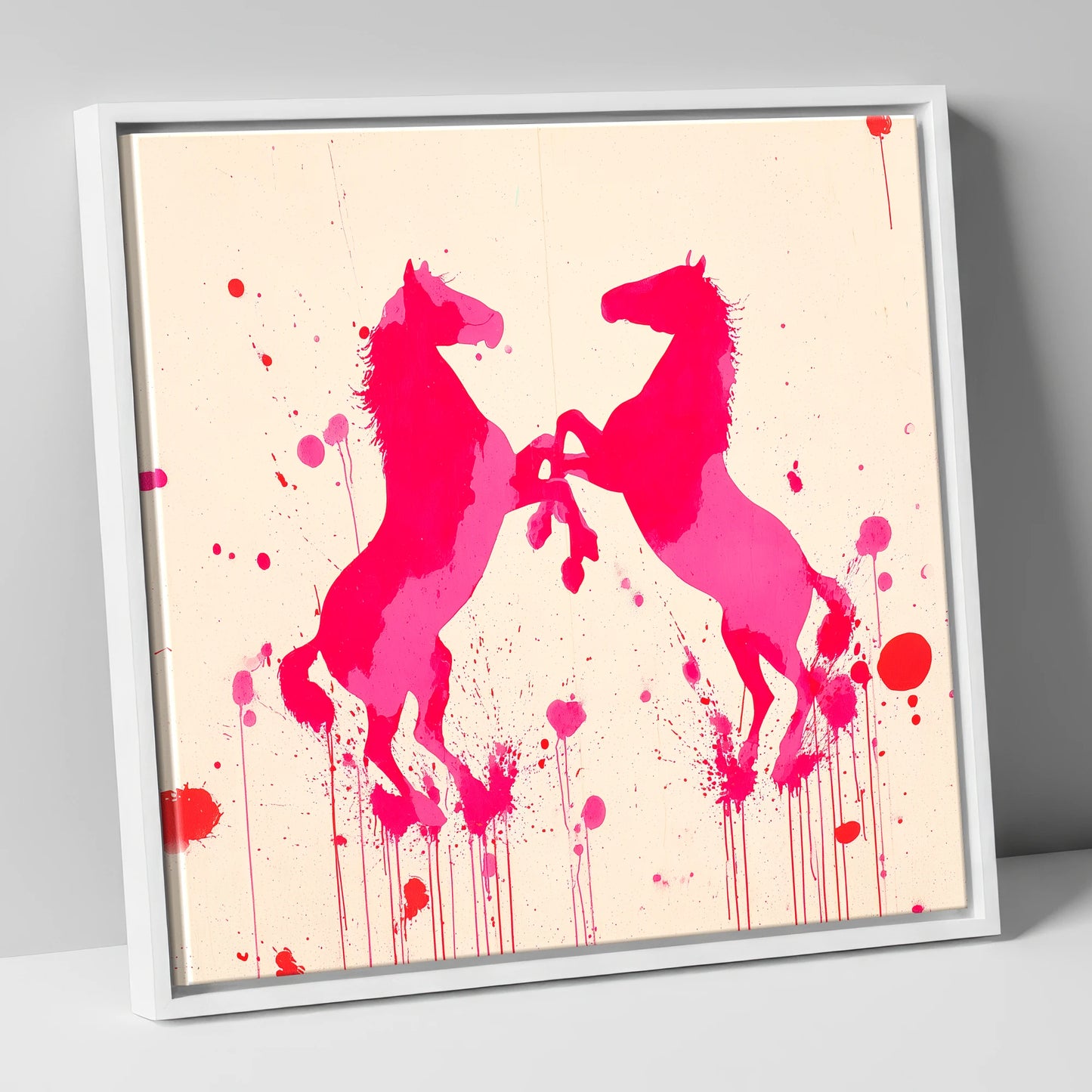 Rearing in Magenta wild horses canvas wall art in white frame