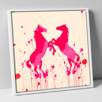 Rearing in Magenta wild horses canvas wall art in white frame