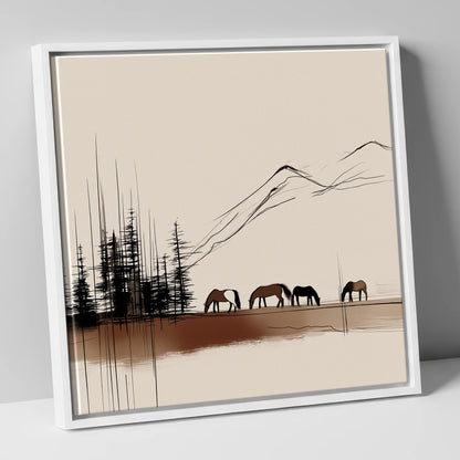 Grazing Beneath the Pines horse landscape canvas wall art in white frame