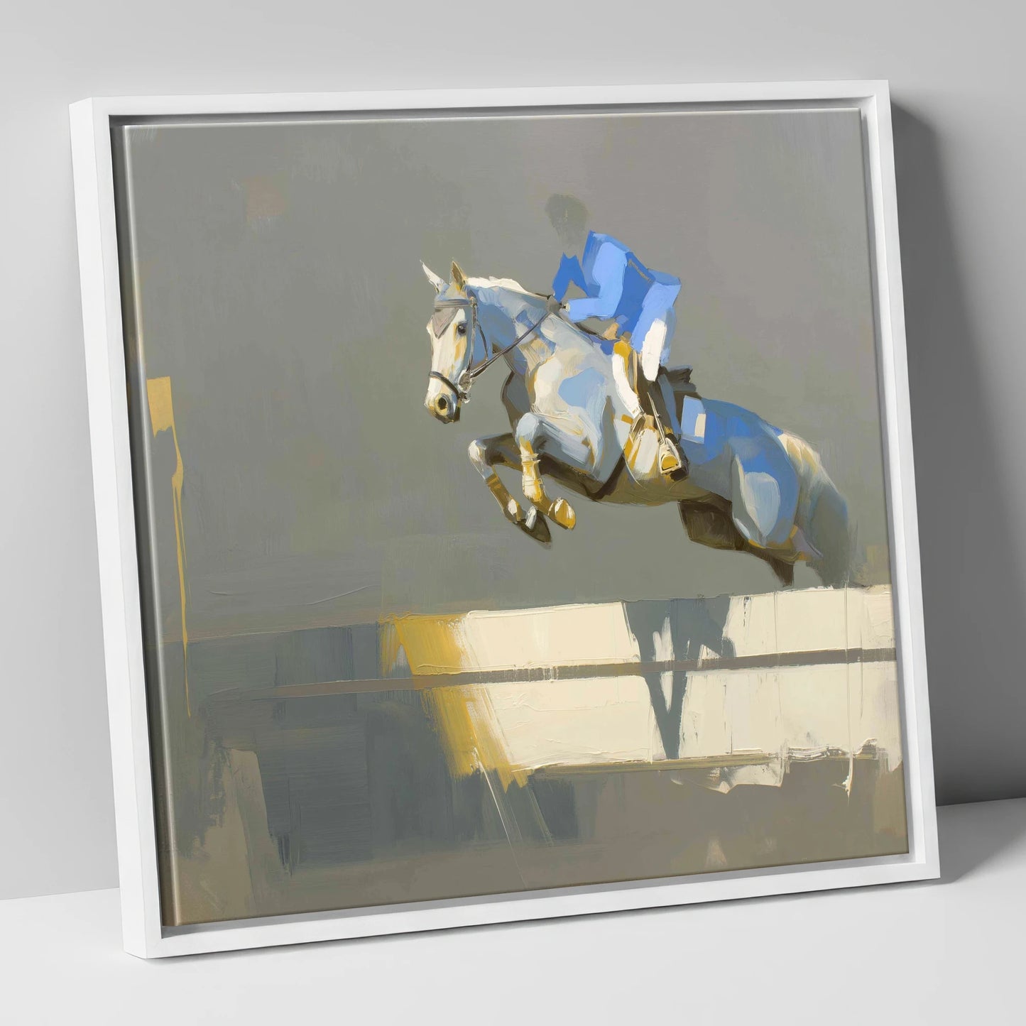 Ascent in Blue show jumping horse canvas wall art in white frame