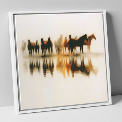 Mirrored in Mist wild horses canvas wall art in white frame