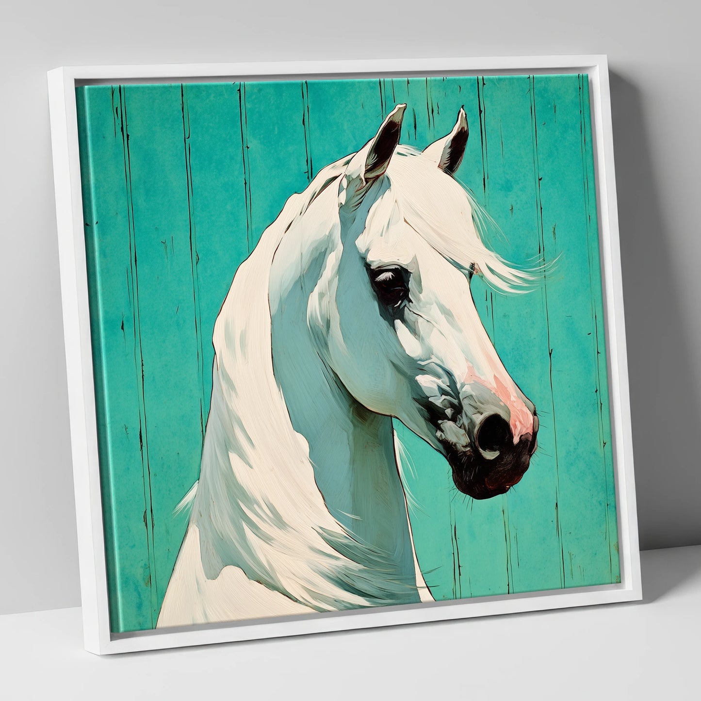 Vibrant Grey on Teal horse breed canvas wall art in white frame