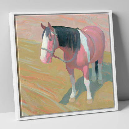The Gentle Skewbald working horse canvas wall art in white frame